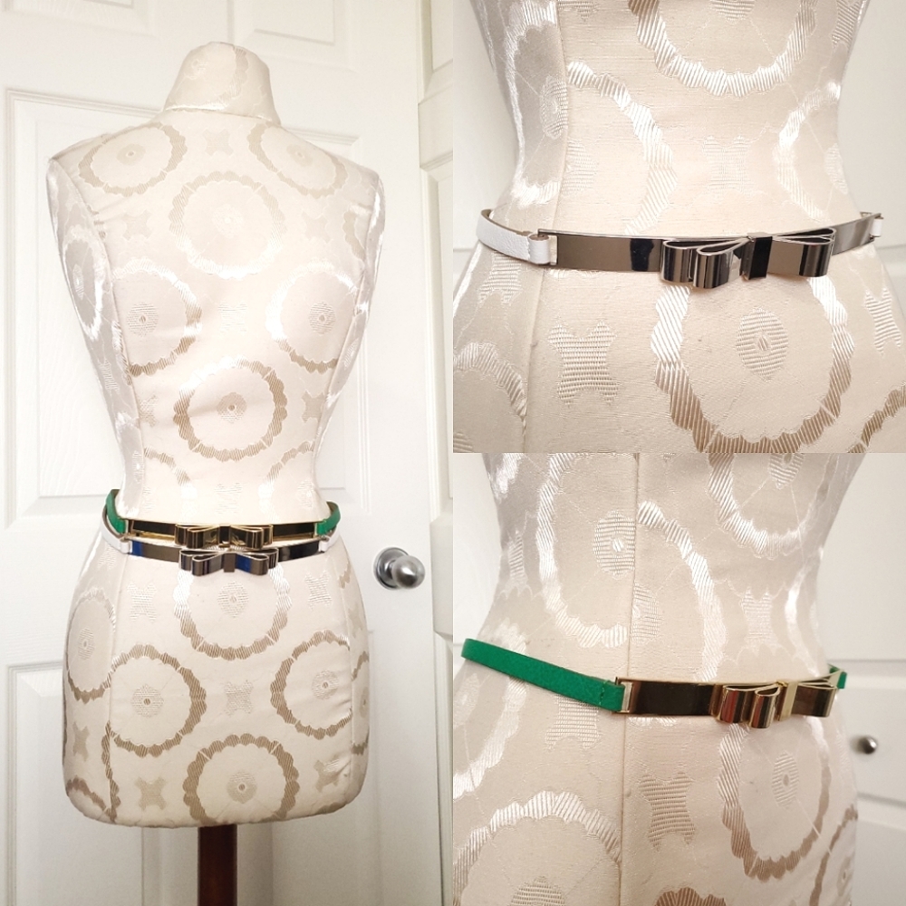 BCBG Maxazria set bow waist belts faux leather metal white silver green gold S